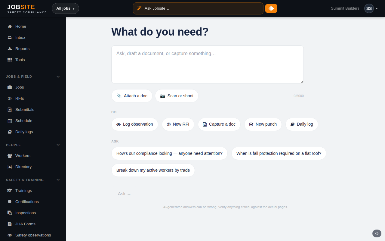 Ask Jobsite assistant interface