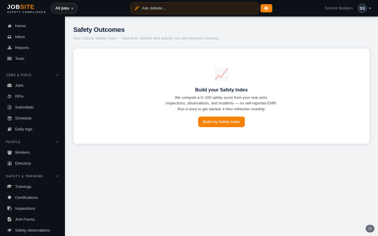 Safety outcomes page showing the Jobsite Safety Index