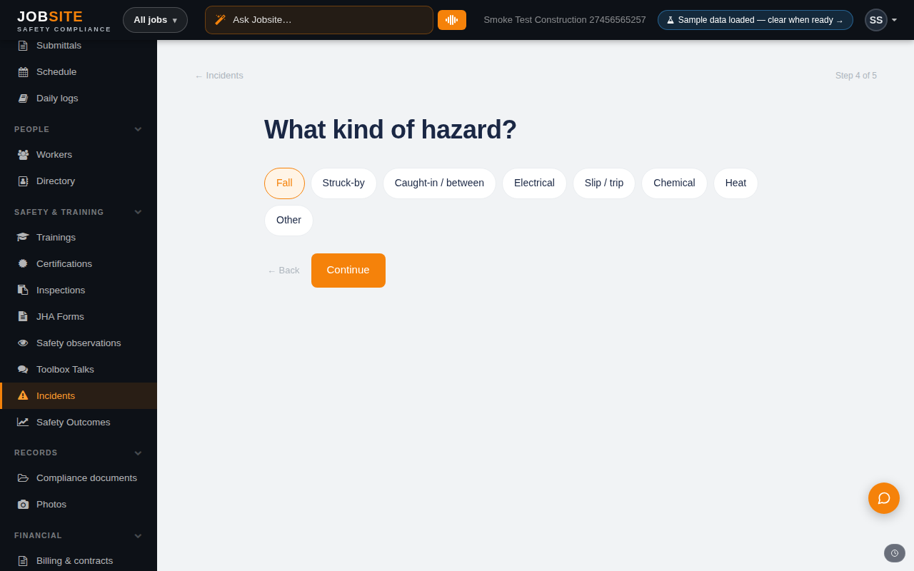 Incident reporting wizard asking what kind of hazard occurred