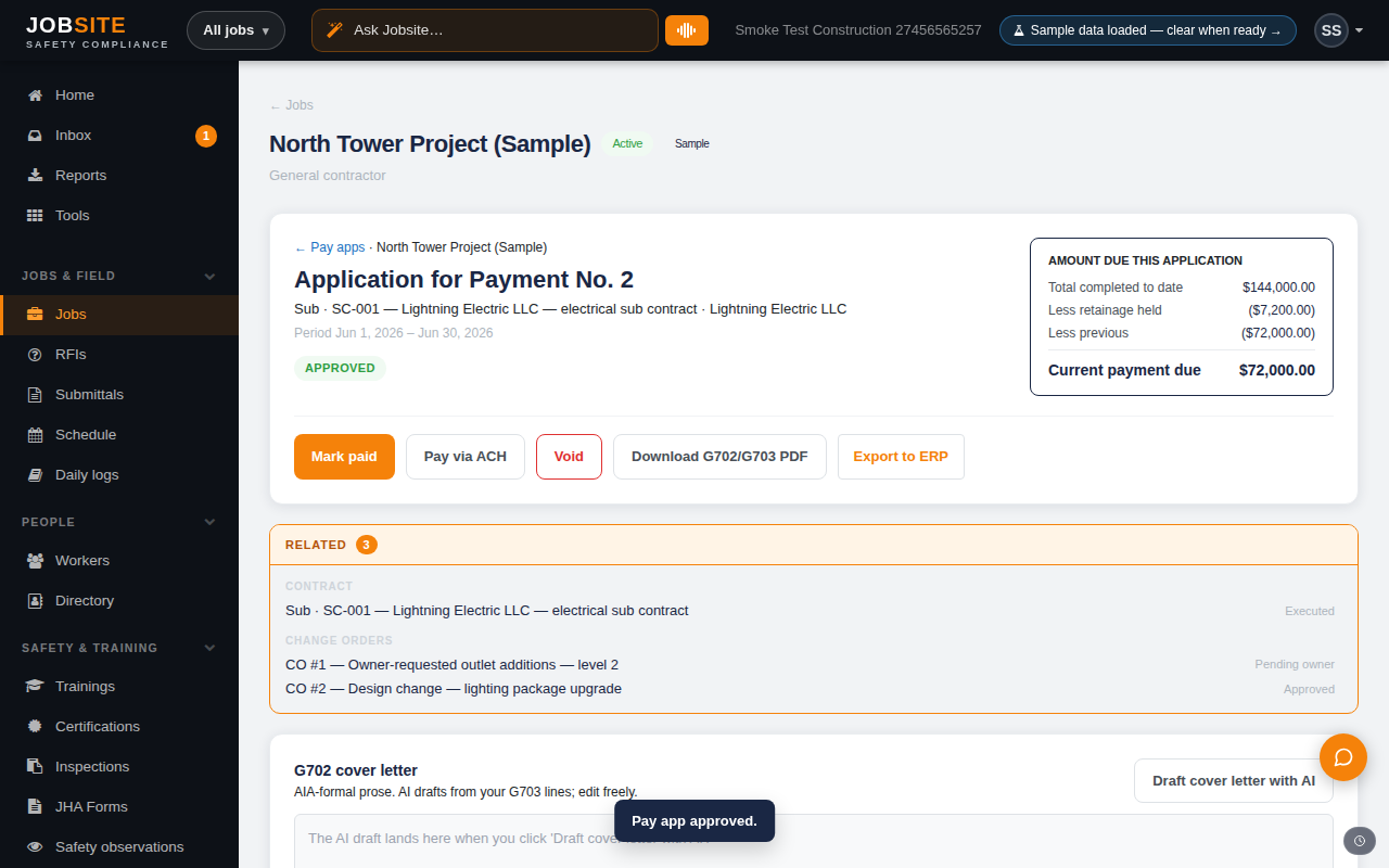 Approved AIA pay application showing amount due this period