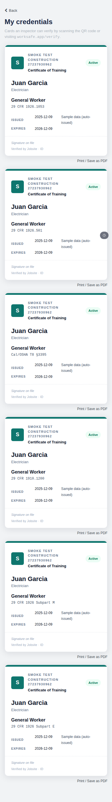 Worker cert wallet on a phone