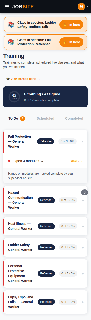 Worker phone showing assigned training courses